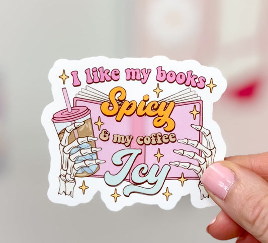 I Like My Books Spicy And My Coffee Icy Sticker, Pink Skull Reading Sticker