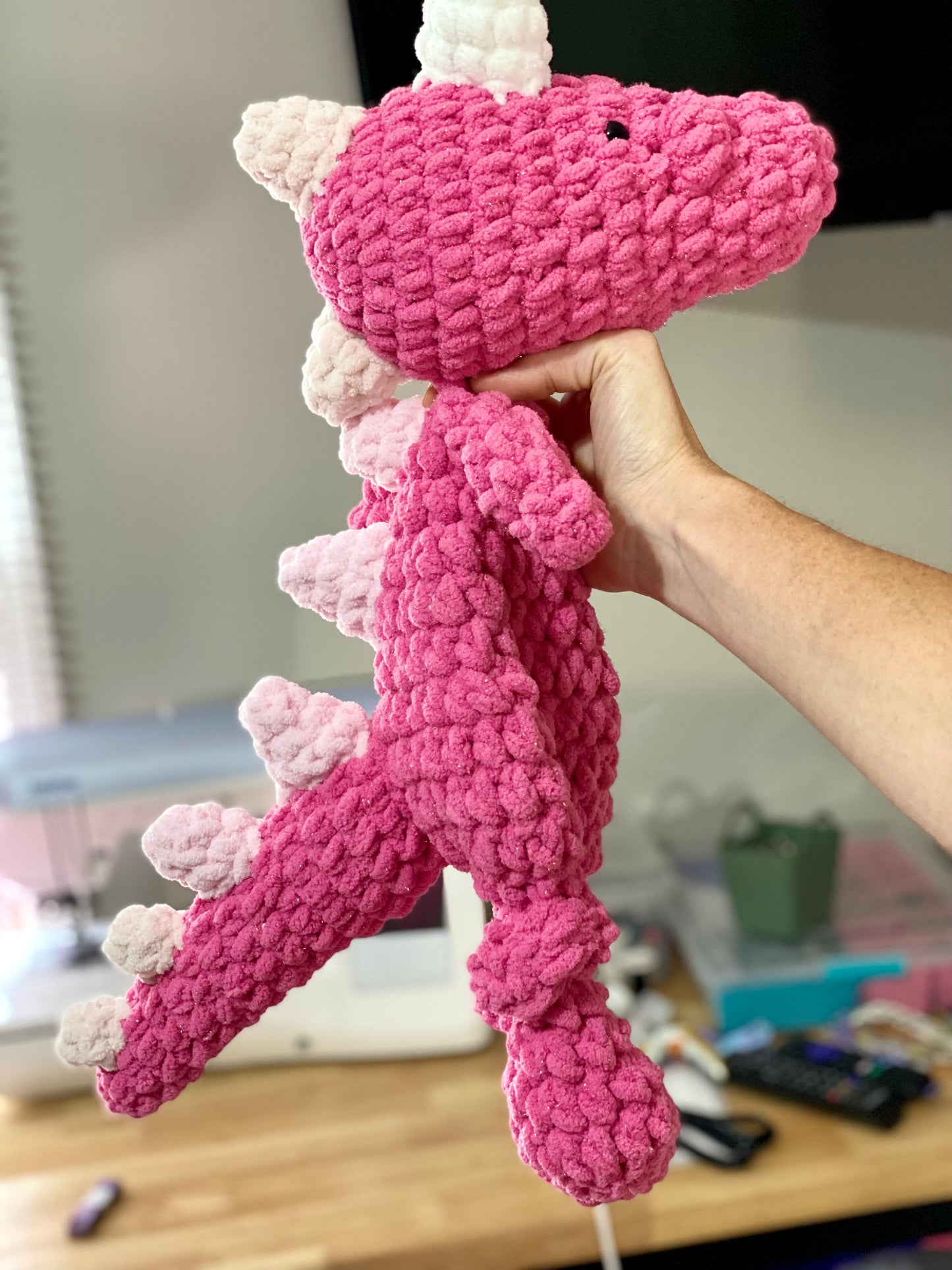 Pink Sparkle Dinosaur Crochet Plushie