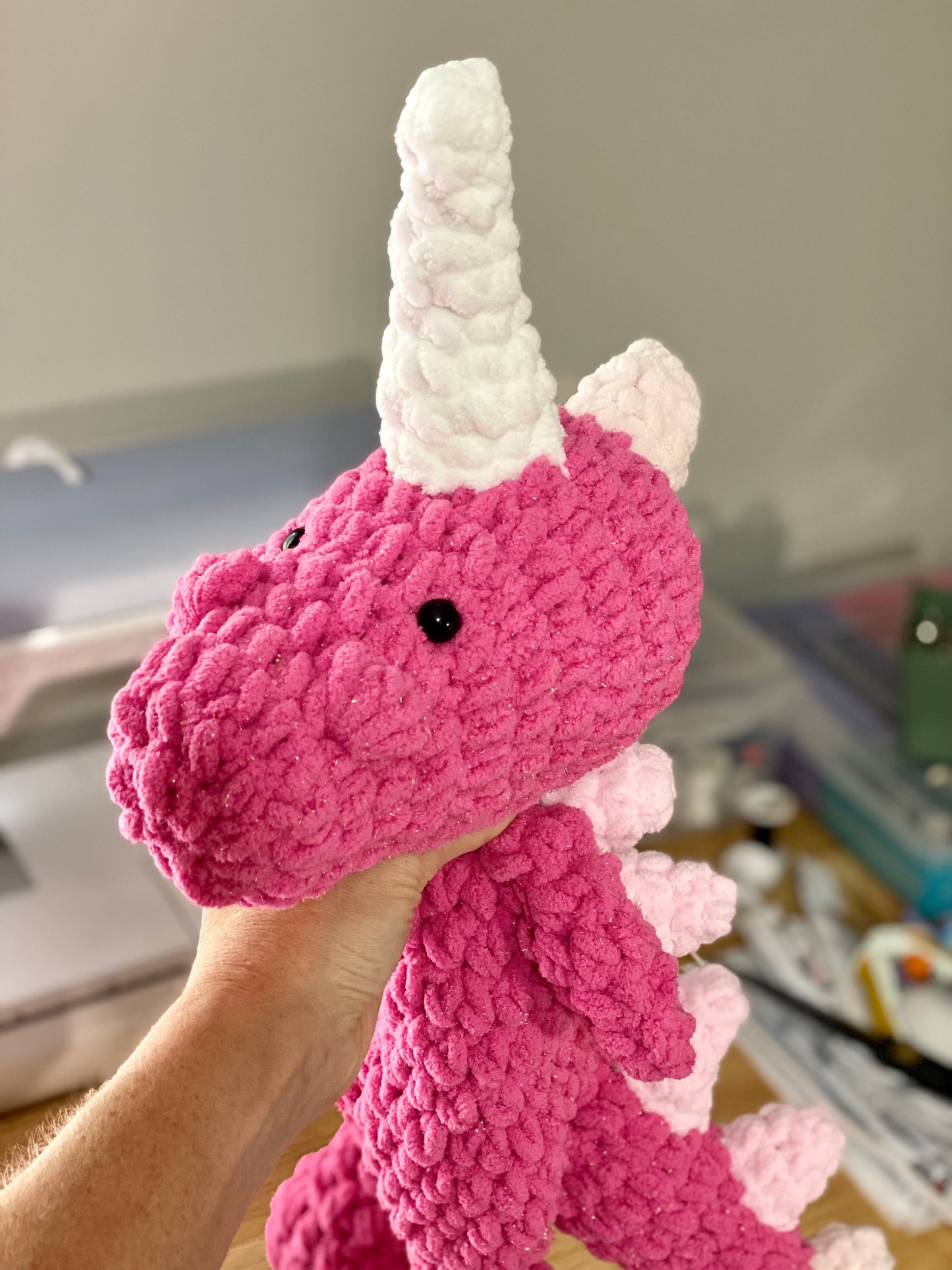 Pink Sparkle Dinosaur Crochet Plushie