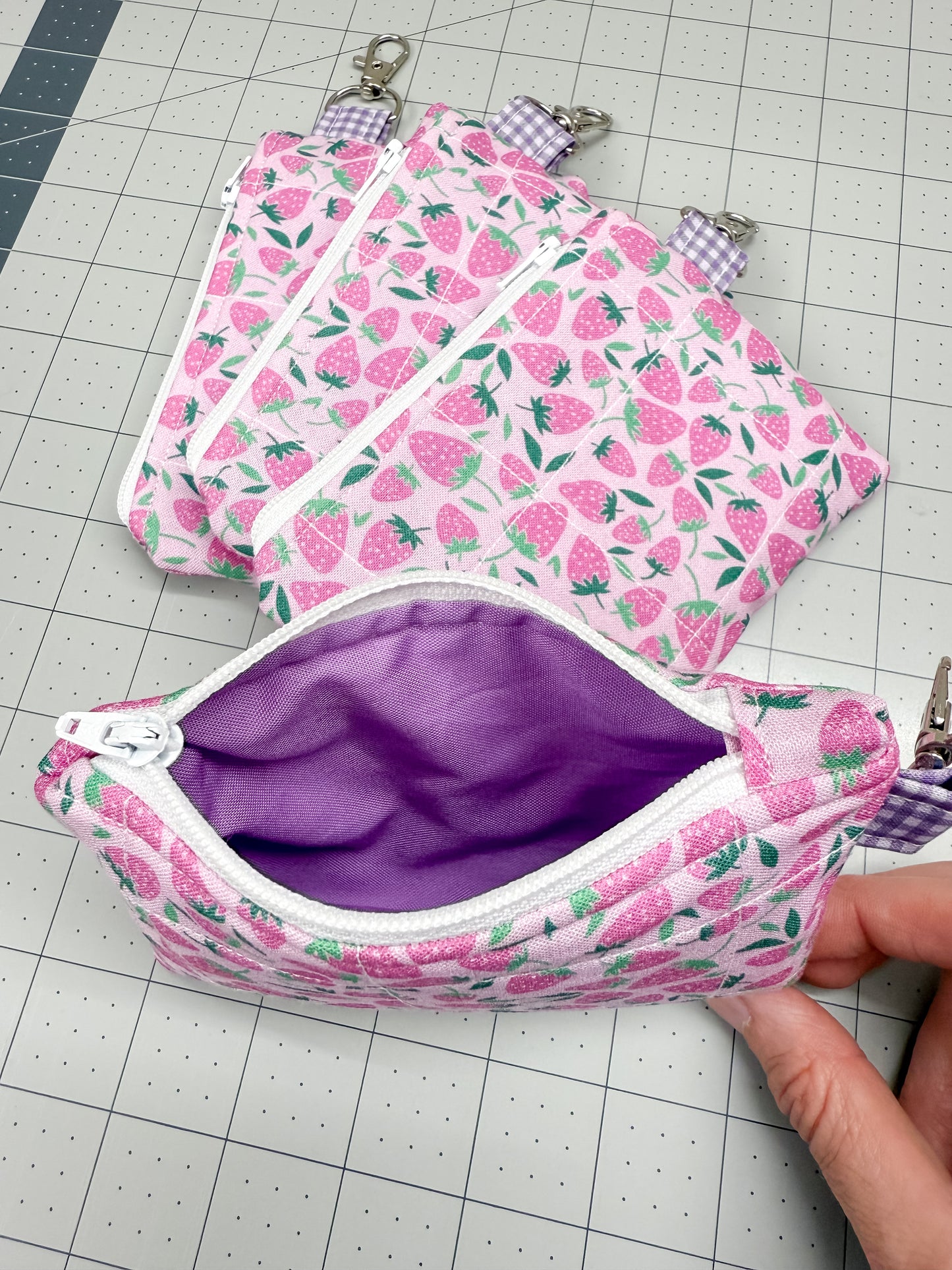 Pink Strawberries Quilted Keychain Wallet Pouch