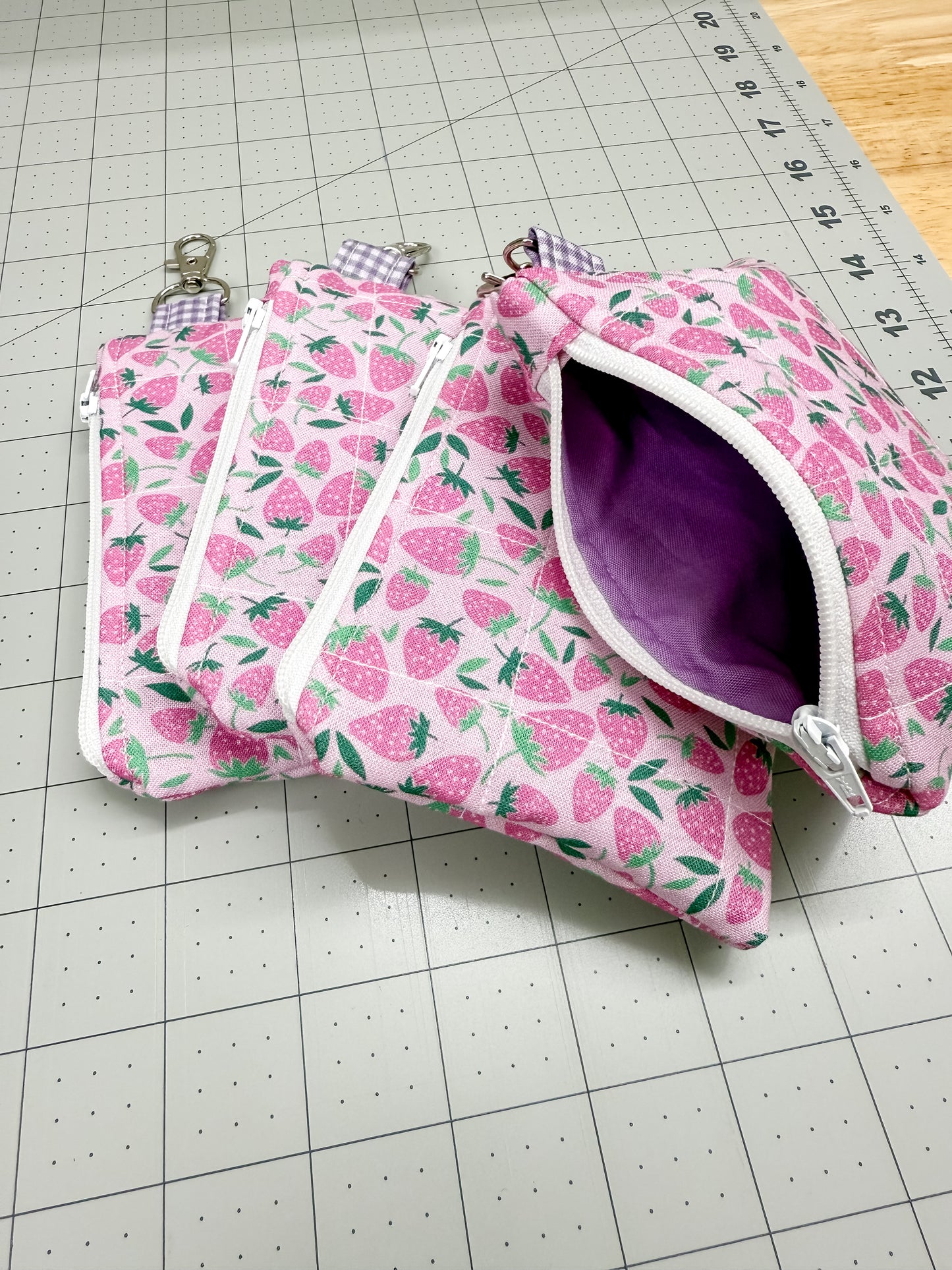 Pink Strawberries Quilted Keychain Wallet Pouch
