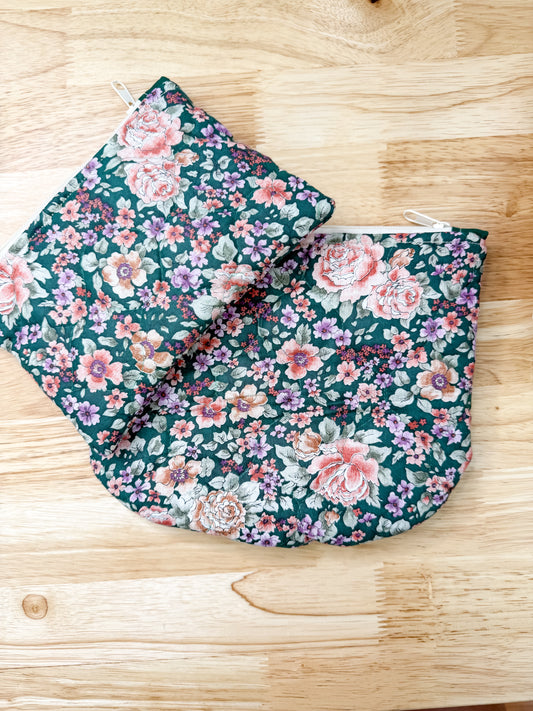 Vintage Quilted Flat Pouch Green Rose