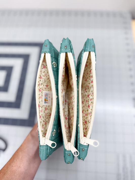Vintage Quilted Flat Pouch Green Victorian Stripes