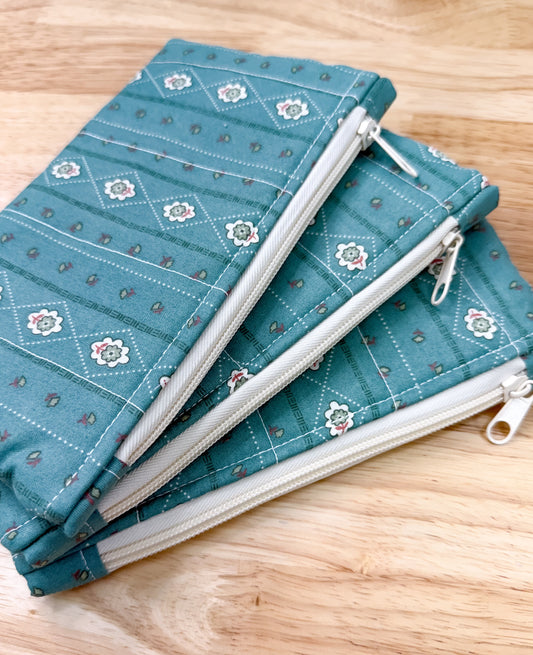 Vintage Quilted Flat Pouch Green Victorian Stripes