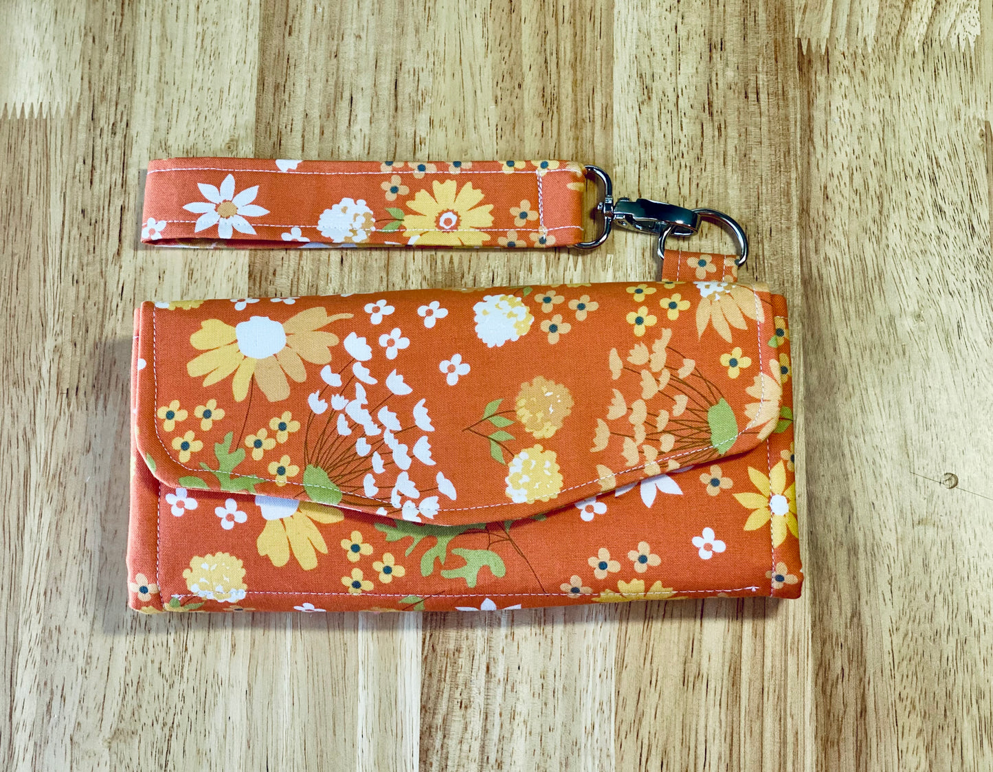 Orange Floral Clutch Wallet with Keychain