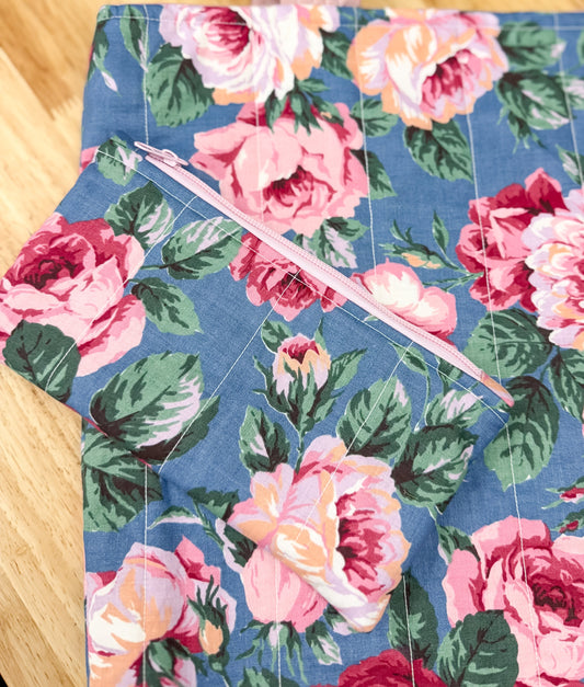 Cottage Rose Vintage Quilted Flat Pouch