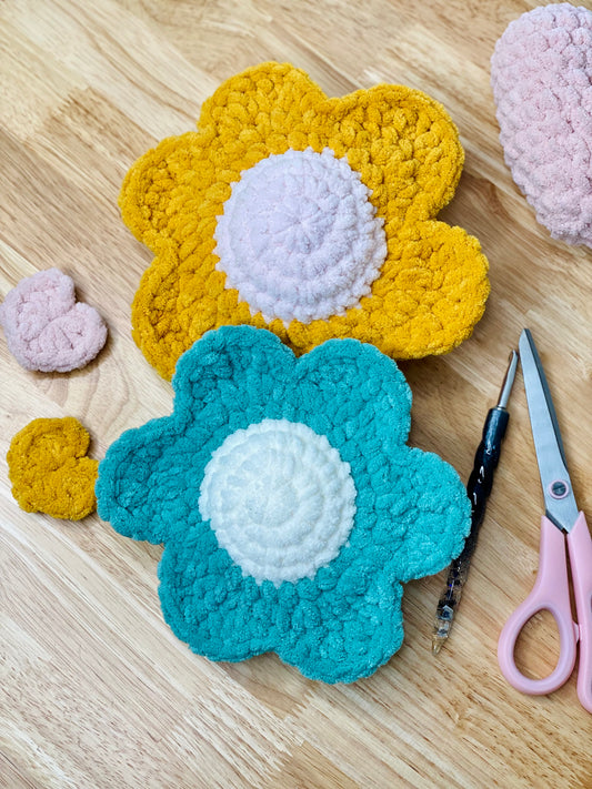 Retro Daisy Plush Decor ~ Set of 2 Yellow and Blue ~ Handmade Crochet