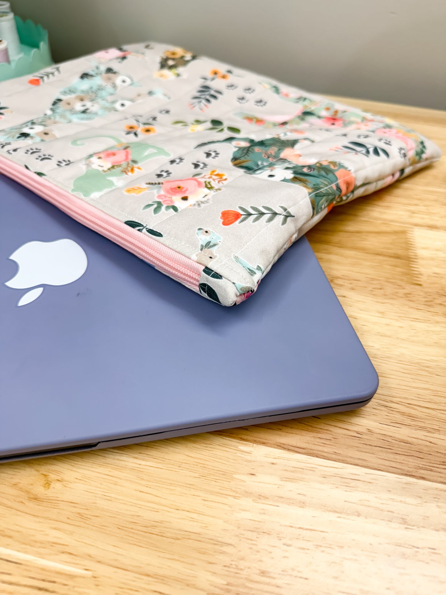 Gray Floral Dog Cat Padded Laptop Bag