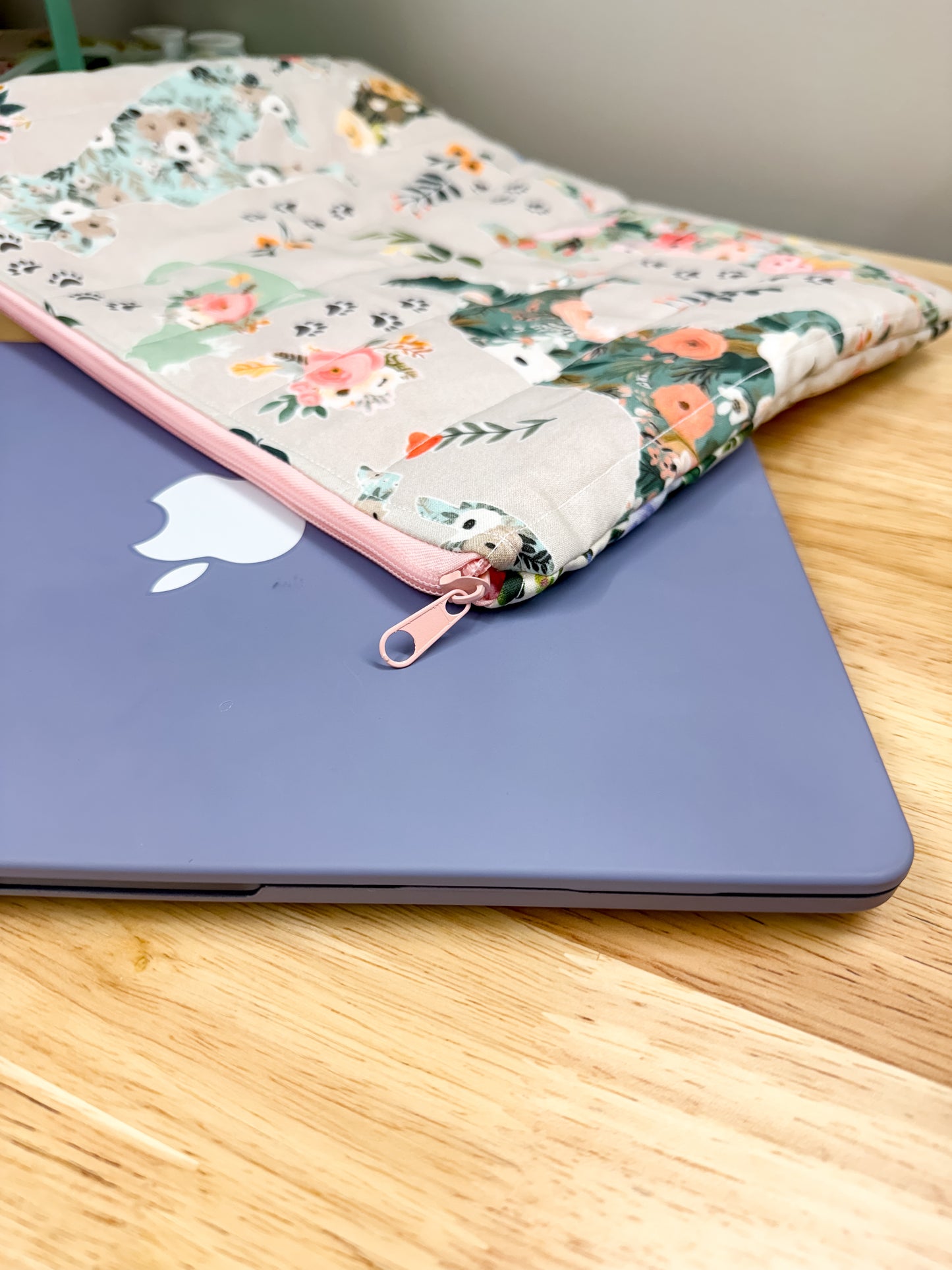 Gray Floral Dog Cat Padded Laptop Bag