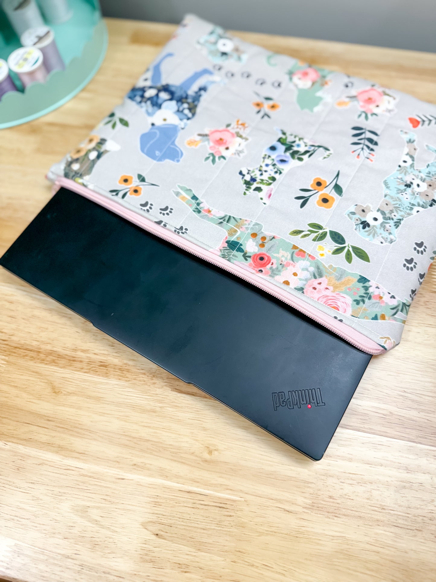 Gray Floral Dog Cat Padded Laptop Bag