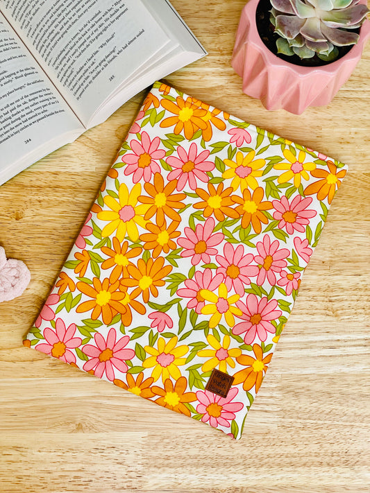 Retro Daisies Book Sleeve, Large Book Sleeves, Bookish iPad Sleeve, Orange Tablet Cover, Journal Cover, Oversized Padded Book Sleeves