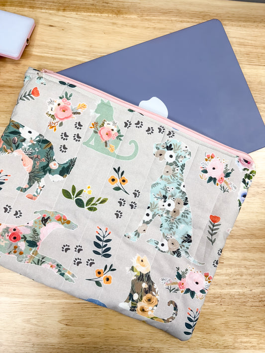 Gray Floral Dog Cat Padded Laptop Bag