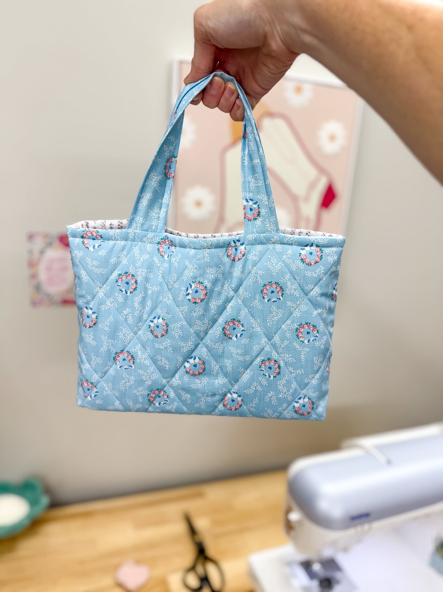 Quilted Book Sleeve with Handles Blue Floral