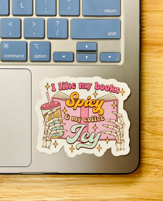 I Like My Books Spicy And My Coffee Icy Sticker, Pink Skull Reading Sticker