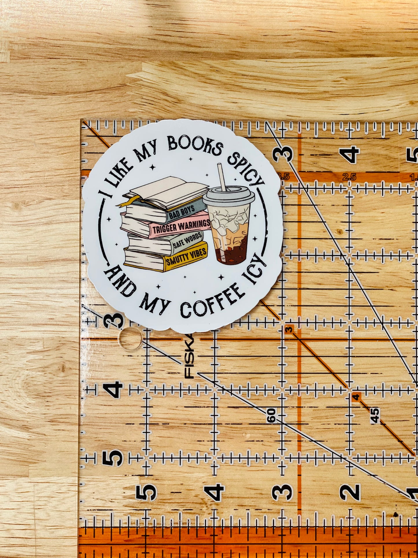 I Like My Books Spicy And My Coffee Icy Sticker, Book Tropes Iced Coffee Sticker