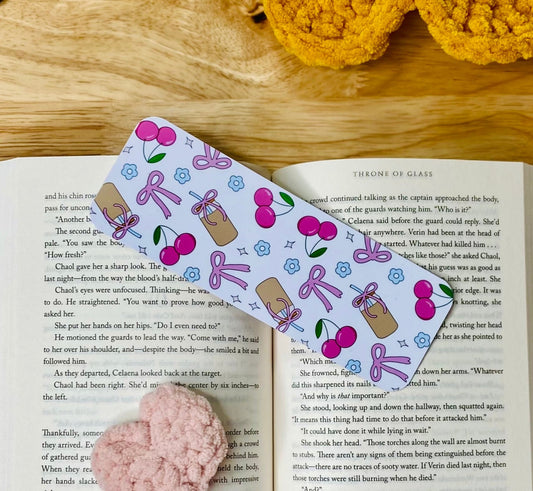 Iced Coffee Girlie Bookmark, Pink Coquette Bows, Red Cherries Bookmark, Cute Girlie Bookmark