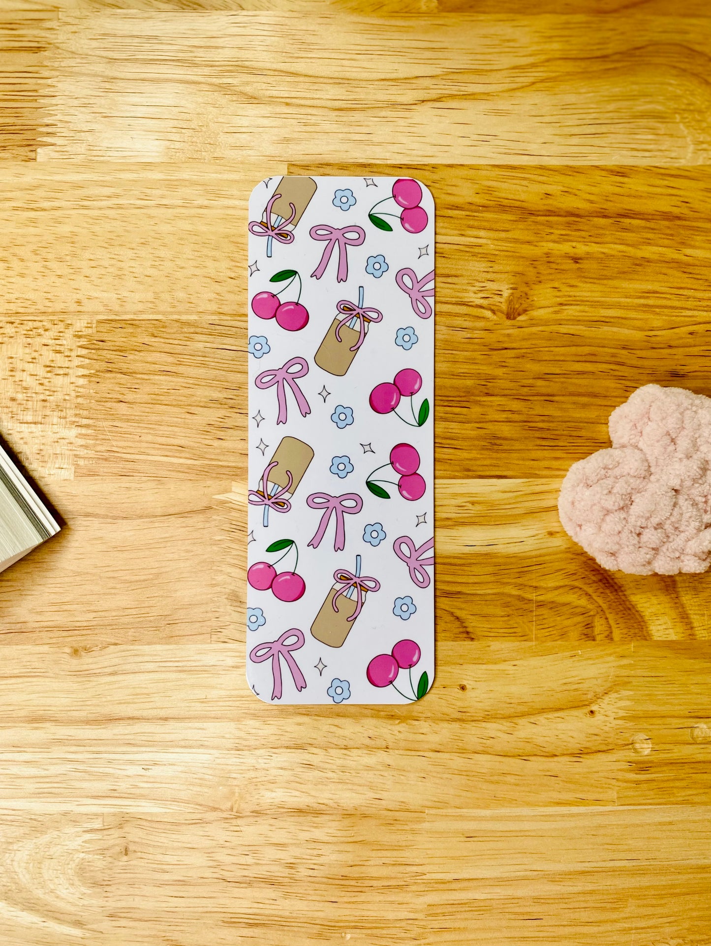 Iced Coffee Girlie Bookmark, Pink Coquette Bows, Red Cherries Bookmark, Cute Girlie Bookmark