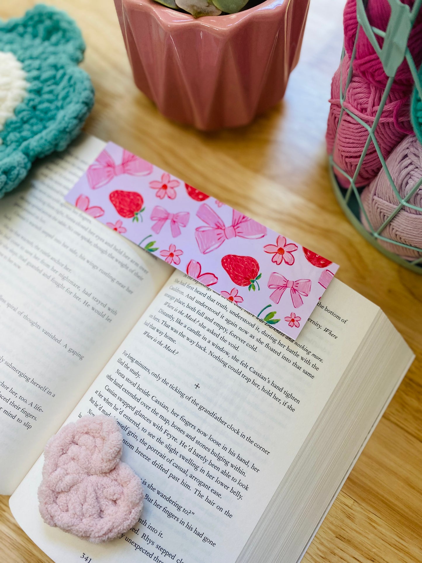 Pink Strawberries and Bows Bookmark, Coquette Bow Bookmark, Girlie Bookmarks