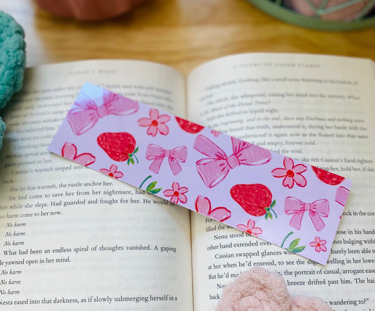 Pink Strawberries and Bows Bookmark, Coquette Bow Bookmark, Girlie Bookmarks