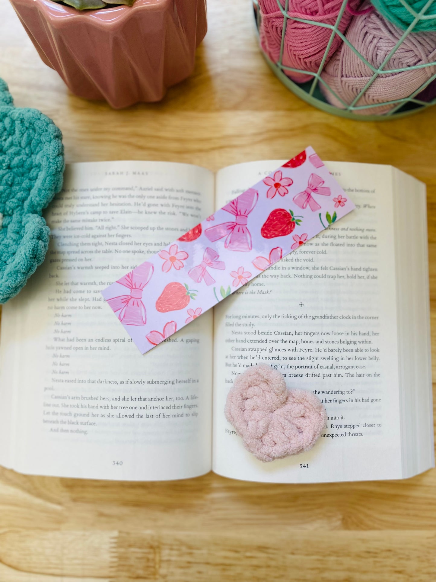 Pink Strawberries and Bows Bookmark, Coquette Bow Bookmark, Girlie Bookmarks