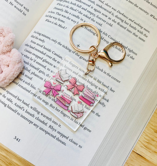 Pink Bows and Books Keychain, Acrylic Keychain with Rose Gold Clasp, Bookish Keychains