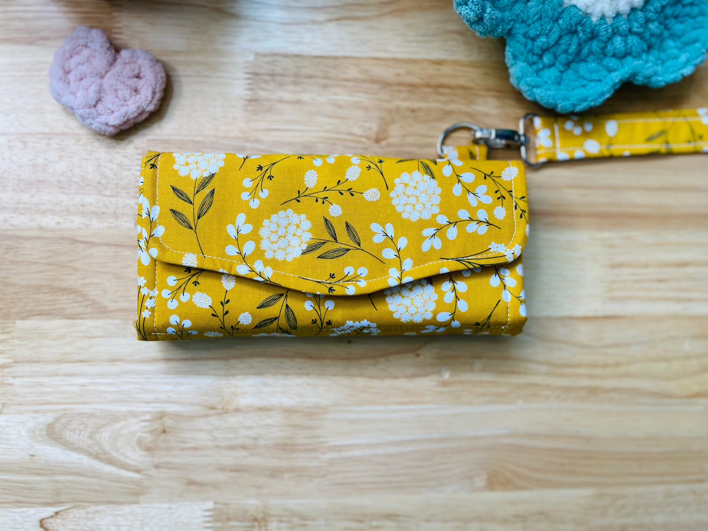 Mustard Floral Clutch Wallet with Keychain, Large Fabric Wallet with Compartments