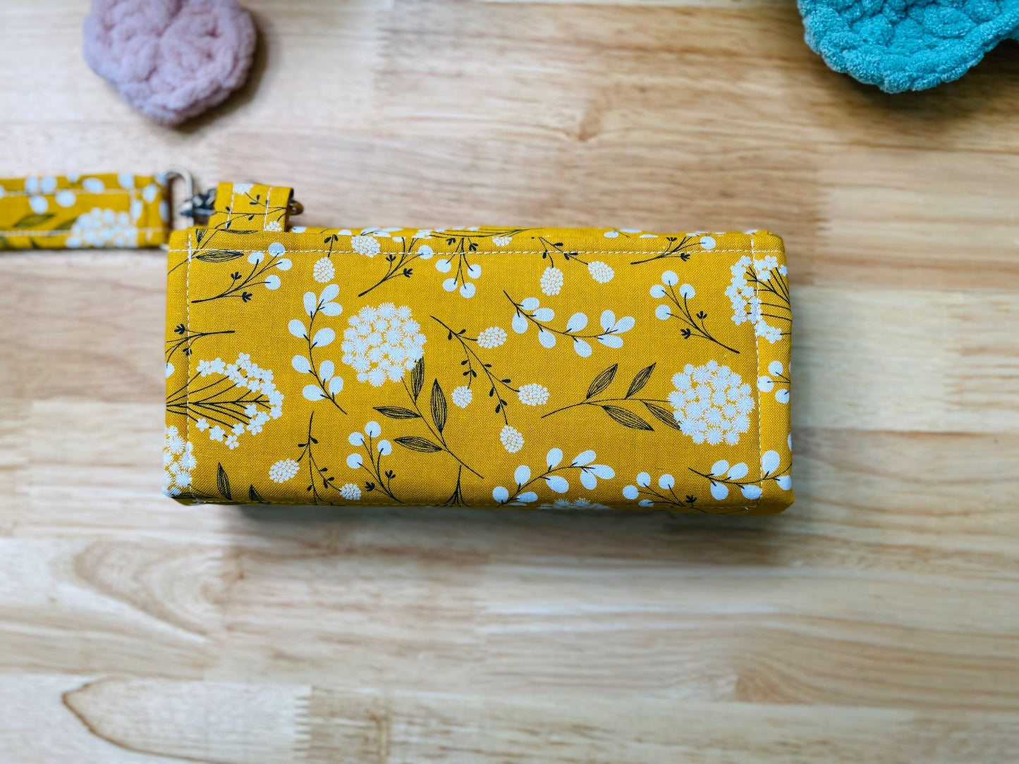 Mustard Floral Clutch Wallet with Keychain, Large Fabric Wallet with Compartments