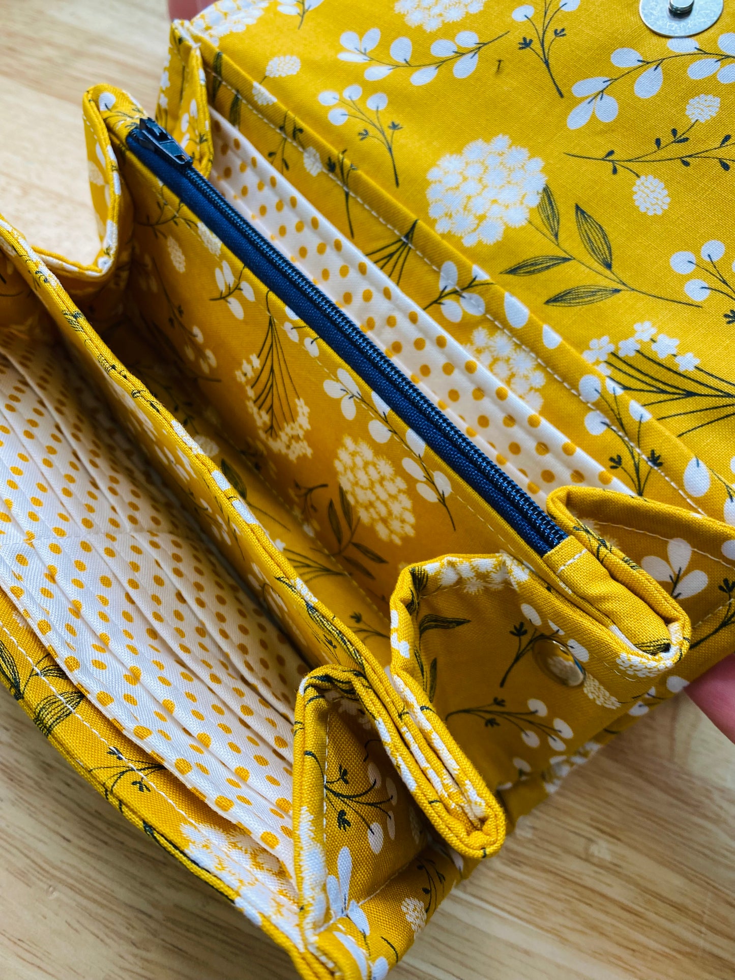 Mustard Floral Clutch Wallet with Keychain, Large Fabric Wallet with Compartments