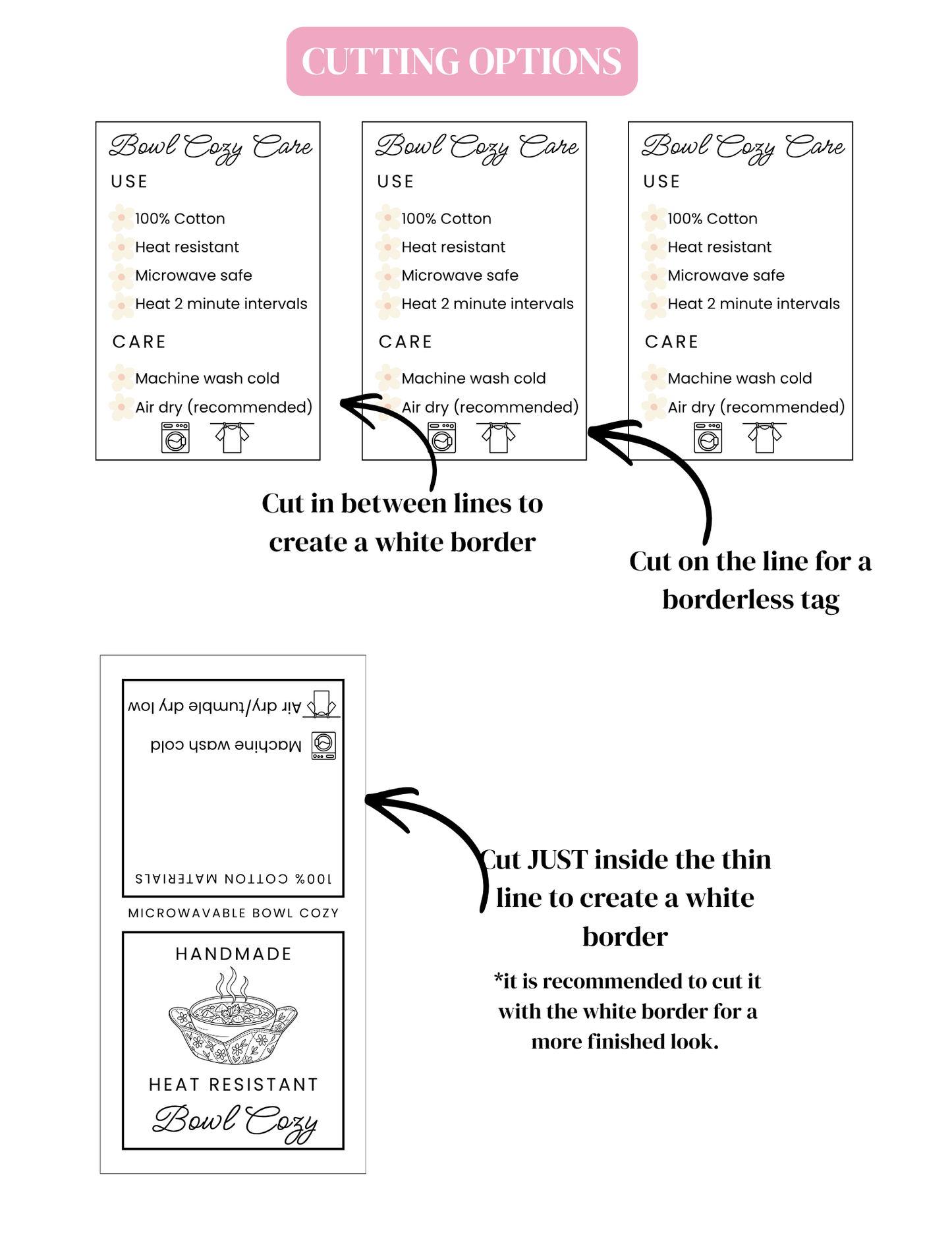 EDITABLE 3-in-1 Bowl Cozy Product Labels | Wrap Labels, Care Card & Fold Card | Edit in Canva