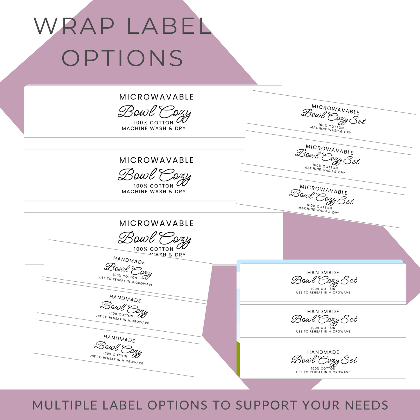 EDITABLE 3-in-1 Bowl Cozy Product Labels | Wrap Labels, Care Card & Fold Card | Edit in Canva