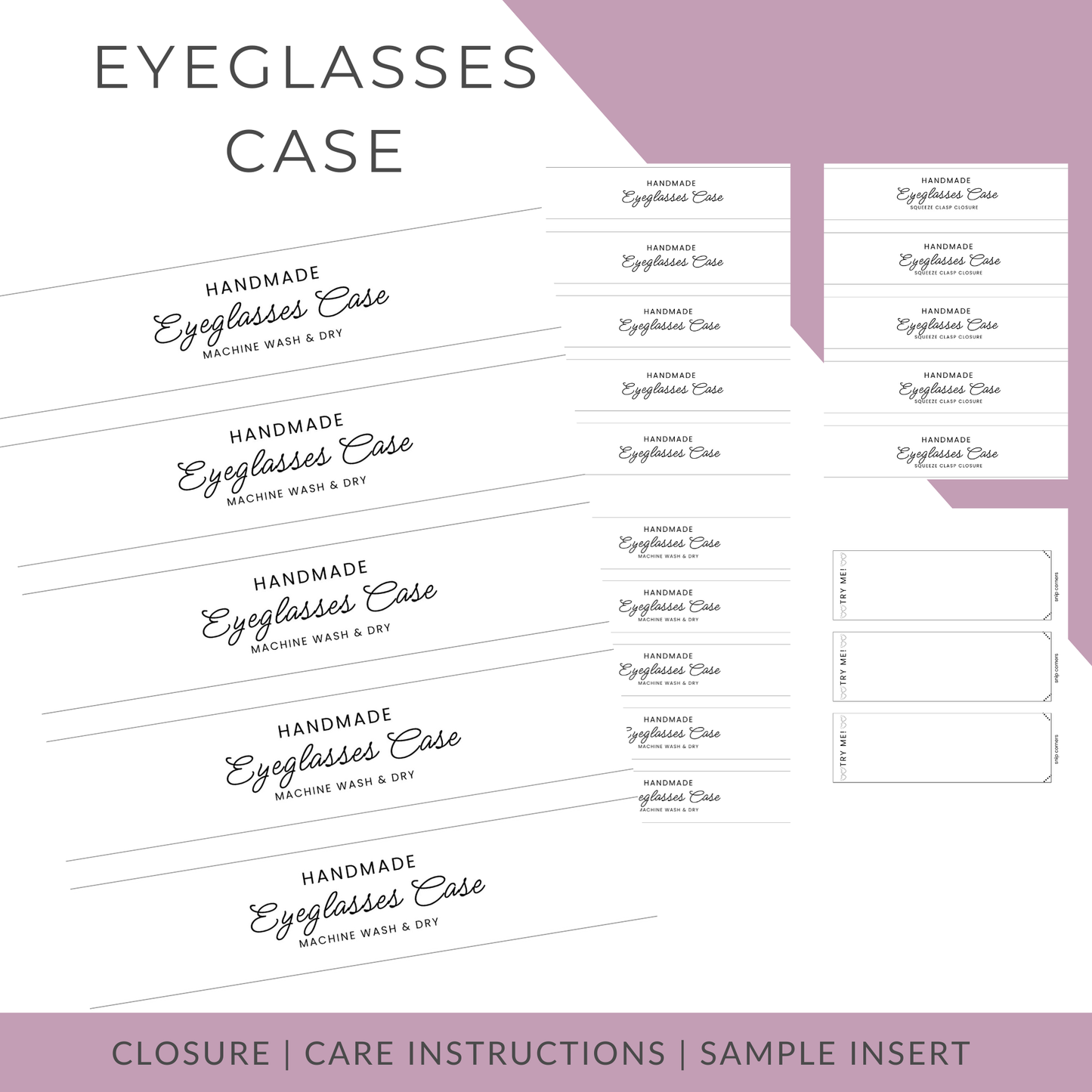 Sheet of labels for handmade eyeglasses cases with text on a white background.