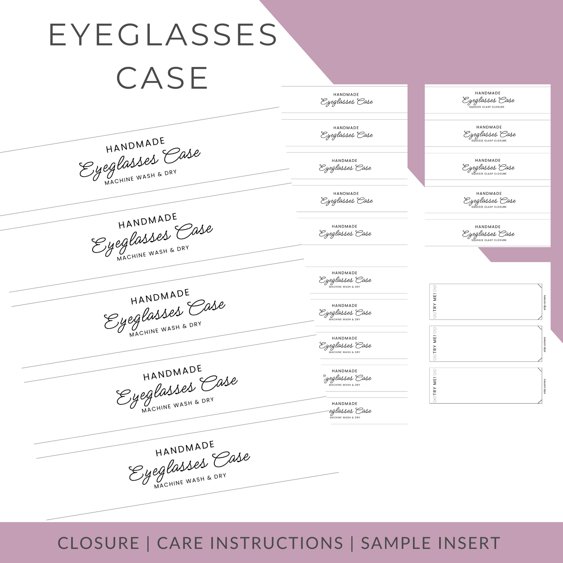 Sheet of labels for handmade eyeglasses cases with text on a white background.