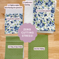 Fabric pieces with labels on a wooden surface, featuring floral and polka dot patterns.