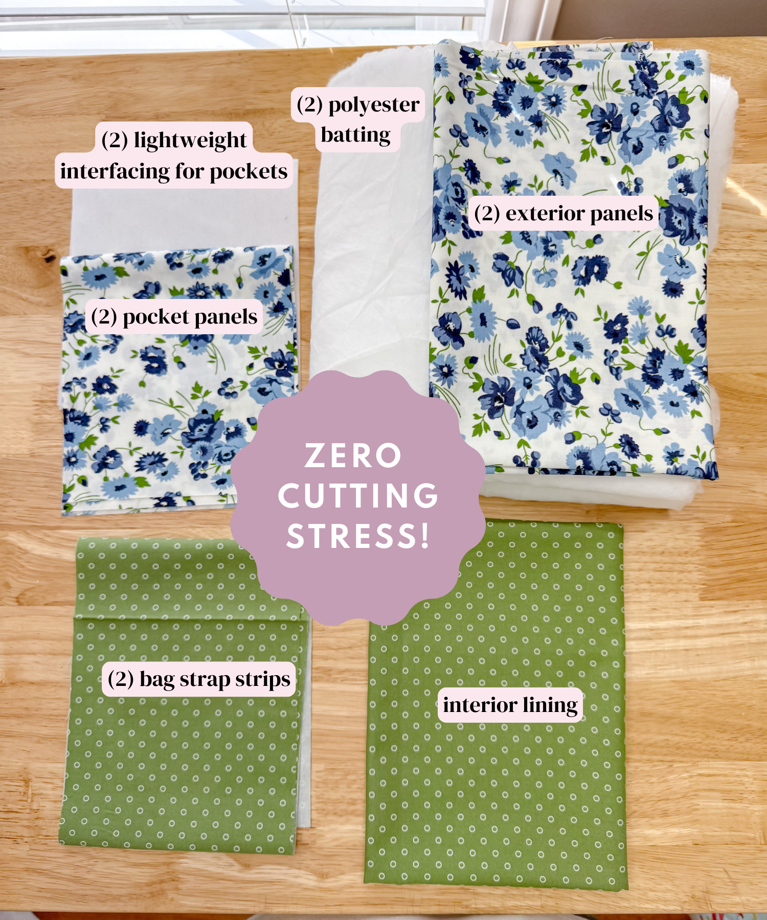 Fabric pieces with labels on a wooden surface, featuring floral and polka dot patterns.