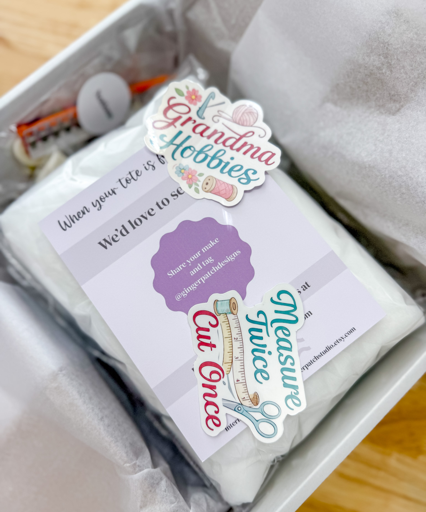 Product packaging with 'Grandma's Hobbies' and 'Cutting Juice' stickers on a white surface.