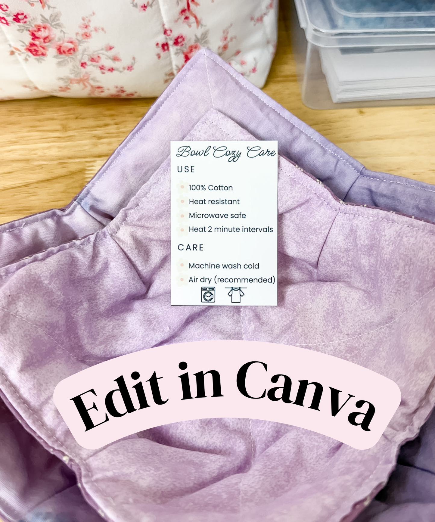 EDITABLE 3-in-1 Bowl Cozy Product Labels | Wrap Labels, Care Card & Fold Card | Edit in Canva