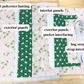 A labeled flat lay showing fabric components for a bag: high loft polyester batting, exterior panels, interior panels, exterior panels with pocket interfacing, bag straps, and bag straps with interfacing, arranged on a light wood surface.
