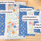 A flat lay of sewing/craft fabric and interfacing materials on a light wood surface, labeled with callouts for high loft polyester batting, exterior panels, interior panel, exterior pockets + pocket interfacing, and bag straps + strap interfacing.