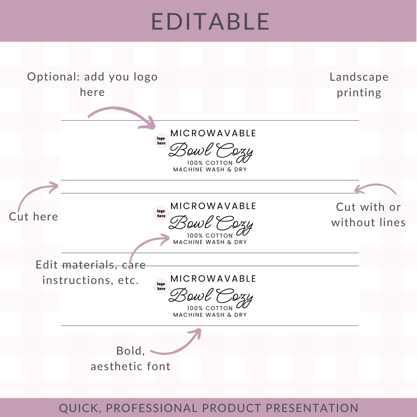 EDITABLE 3-in-1 Bowl Cozy Product Labels | Wrap Labels, Care Card & Fold Card | Edit in Canva