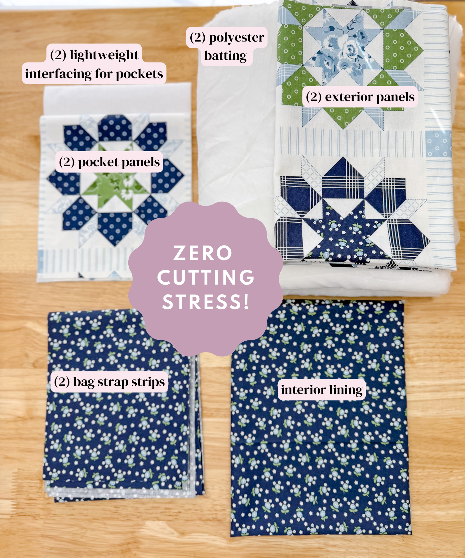 Fabric pieces with labels on a wooden surface, featuring patterns and text about fabric types.