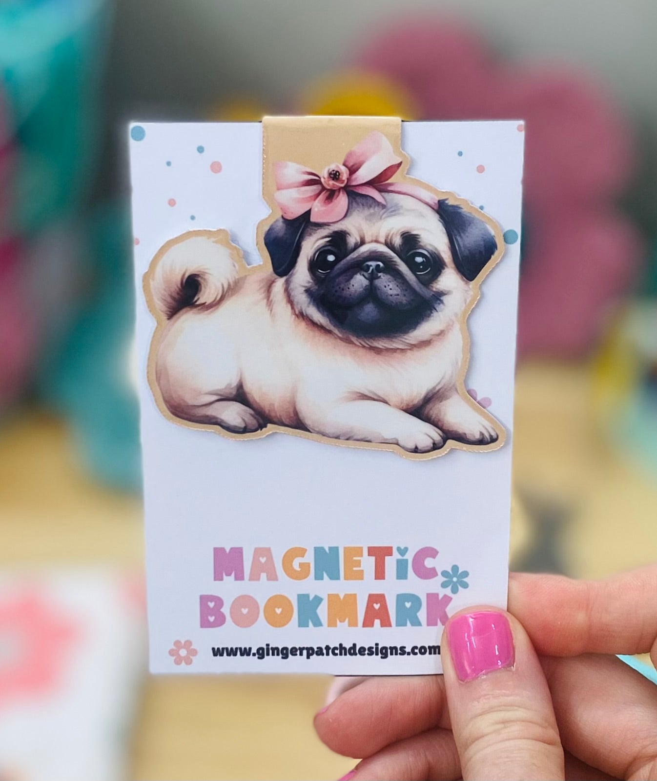 Pug with Bow Magnetic Bookmark, Dog Bookmarks