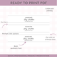 A digital preview graphic for a printable PDF product, showing a hanging bag holder label design with text options, arrows, and notes about landscape printing and multiple title options on a pale pink gingham background.