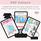 Promotional graphic for a digital PDF sewing pattern titled 'PDF Pattern' with tablet mockups showing pages for a skirt handle cover and finished size options, plus text highlighting features like multiple videos for visual learners, bulleted steps, and photos and diagrams.