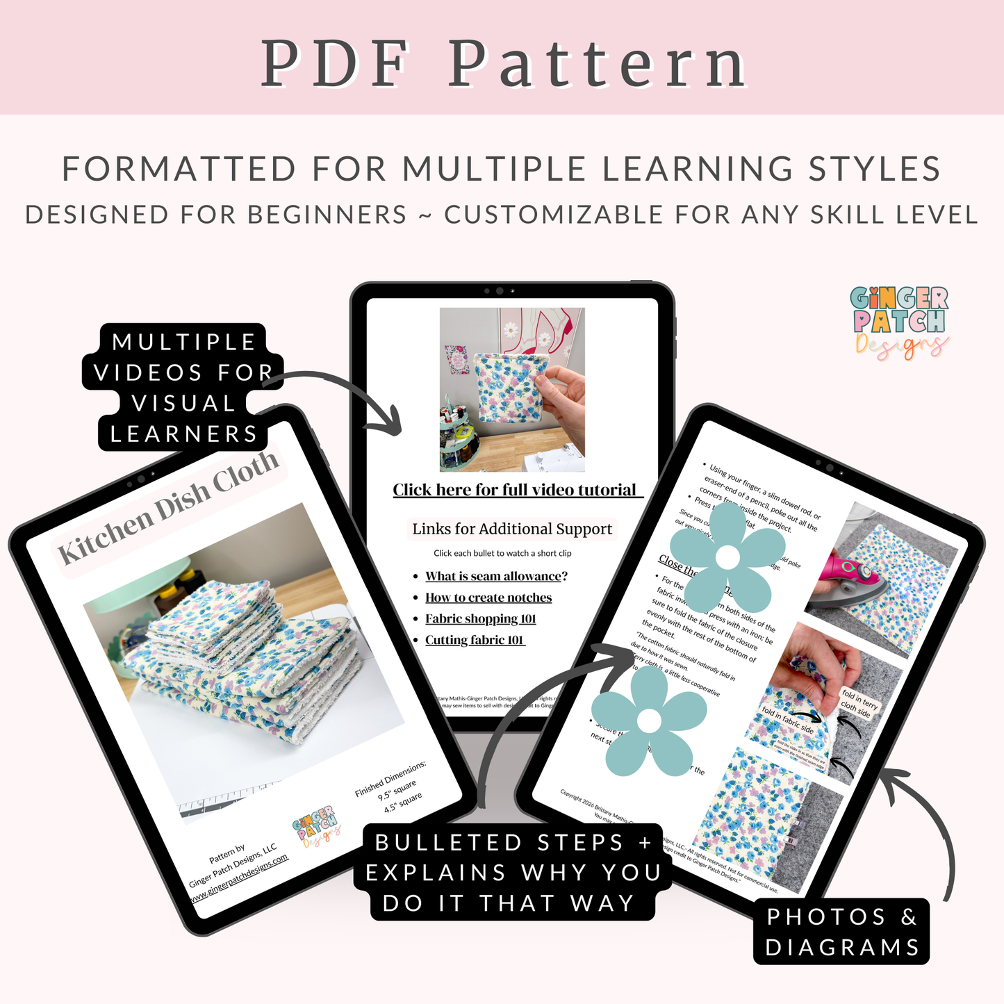 DIY Dish Cloth PDF Sewing Pattern ~ Digital Download with Video Tutorial