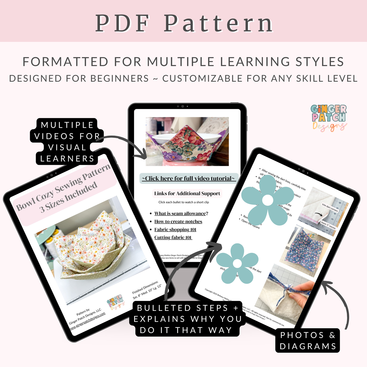 Microwave Bowl Cozy Sewing Pattern (3 Sizes) | PDF Pattern + Video Tutorial