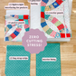 Fabric pieces with labels on a wooden surface, featuring colorful quilted fabric and teal bag strap strips.