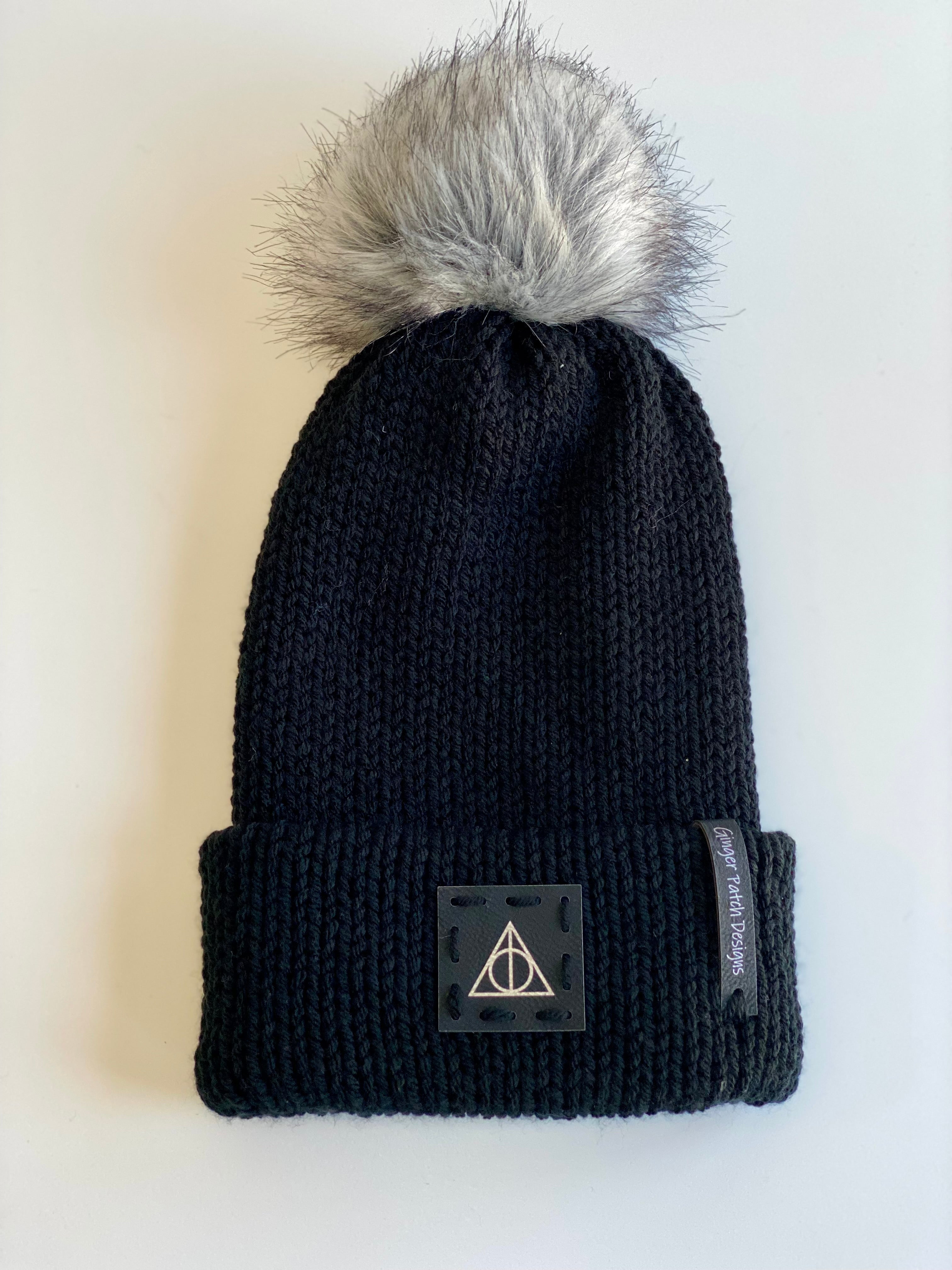 Deathly Hallows Pom Beanie, Black Brim Beanie, Wizard Winter Hat